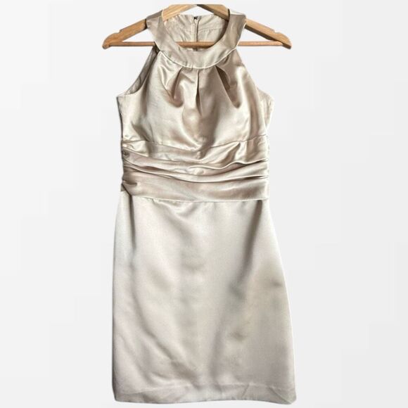 David’s Bridal Dress 8 Champagne Satin Halter Ruched Bust Wedding Guest Formal - Picture 1 of 16